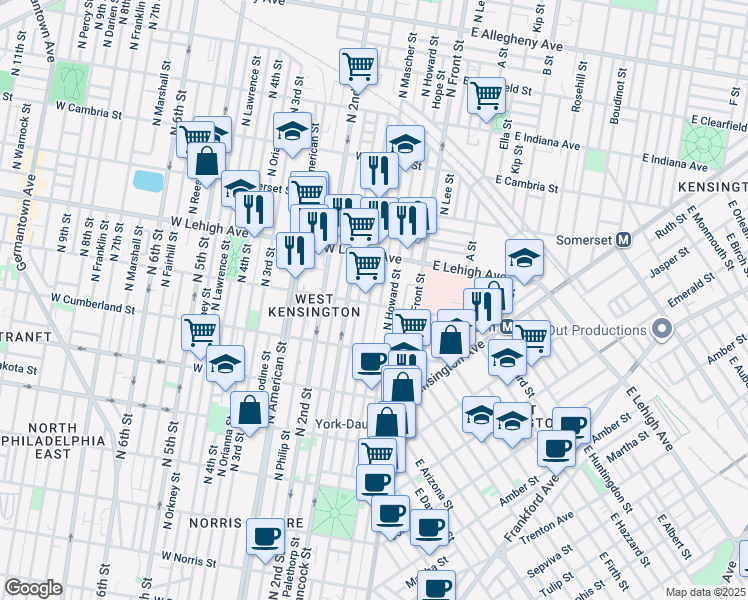 map of restaurants, bars, coffee shops, grocery stores, and more near 155 West Huntingdon Street in Philadelphia