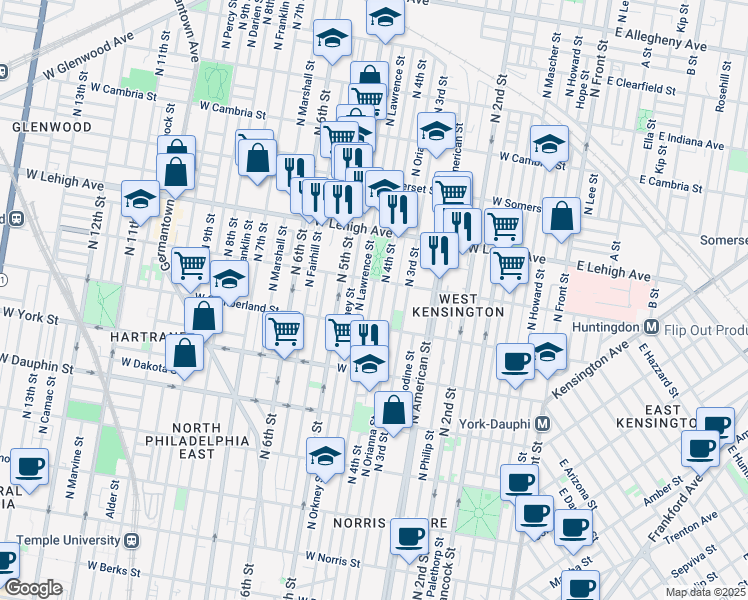 map of restaurants, bars, coffee shops, grocery stores, and more near 2543 North Leithgow Street in Philadelphia