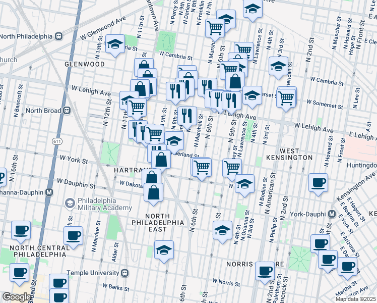 map of restaurants, bars, coffee shops, grocery stores, and more near 2501 North 7th Street in Philadelphia