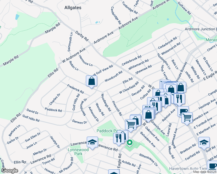 map of restaurants, bars, coffee shops, grocery stores, and more near 132 Ellis Road in Havertown