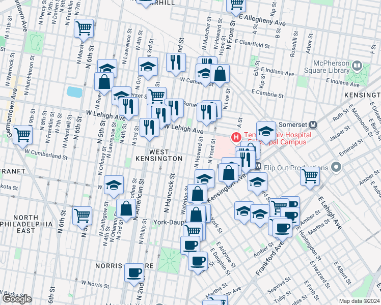 map of restaurants, bars, coffee shops, grocery stores, and more near 149 West Huntingdon Street in Philadelphia