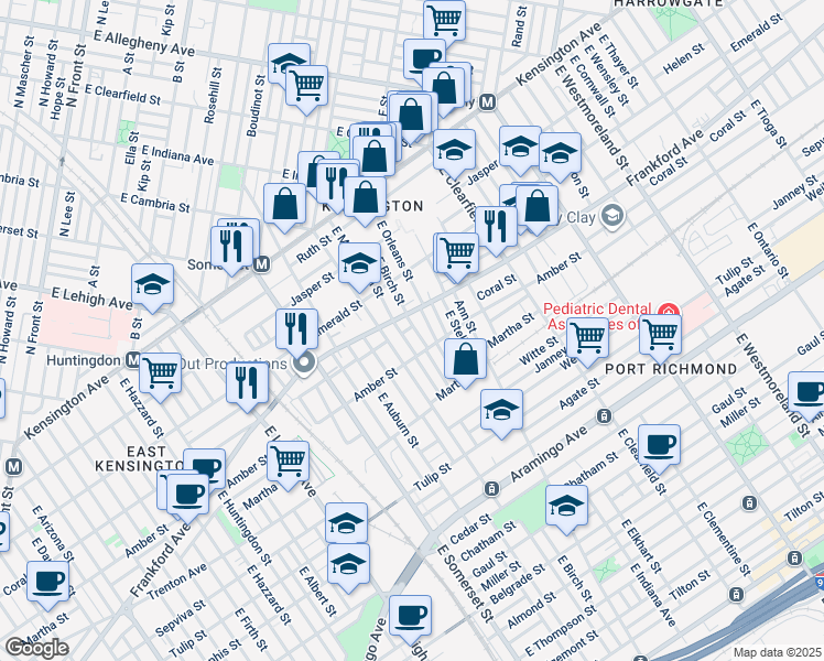 map of restaurants, bars, coffee shops, grocery stores, and more near 2046 East Birch Street in Philadelphia