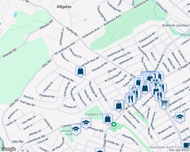 map of restaurants, bars, coffee shops, grocery stores, and more near 132 Ellis Road in Havertown