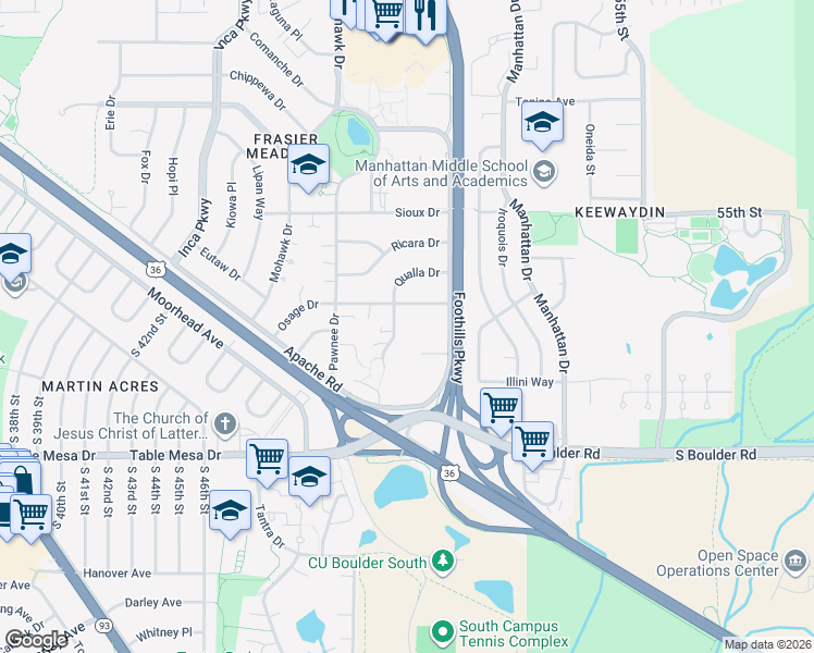 map of restaurants, bars, coffee shops, grocery stores, and more near 4800 Osage Drive in Boulder
