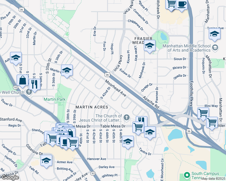 map of restaurants, bars, coffee shops, grocery stores, and more near 110 South 42nd Street in Boulder