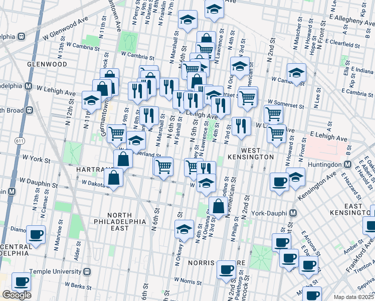 map of restaurants, bars, coffee shops, grocery stores, and more near 2536 North 5th Street in Philadelphia