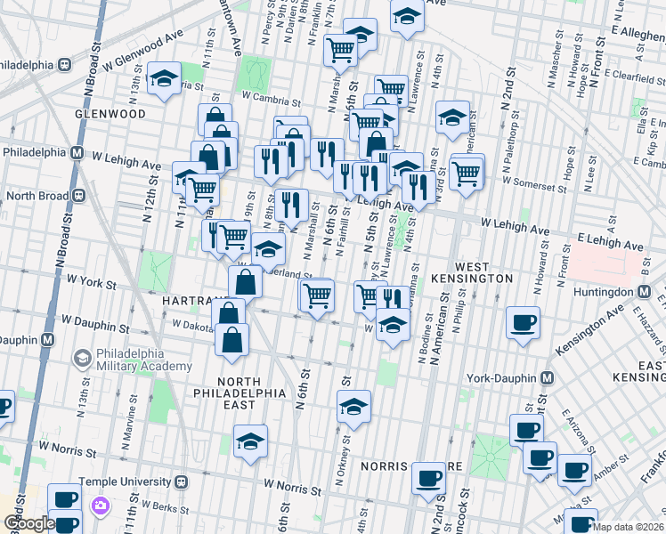 map of restaurants, bars, coffee shops, grocery stores, and more near 2533 North 6th Street in Philadelphia