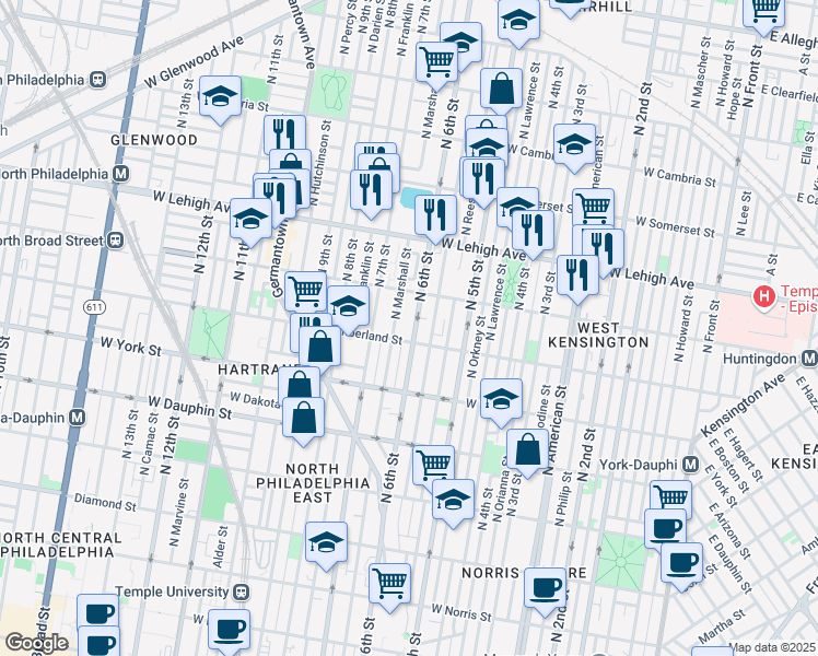 map of restaurants, bars, coffee shops, grocery stores, and more near 2533 North 6th Street in Philadelphia