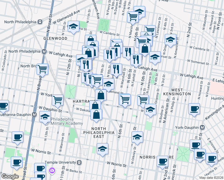 map of restaurants, bars, coffee shops, grocery stores, and more near 2515 North 8th Street in Philadelphia