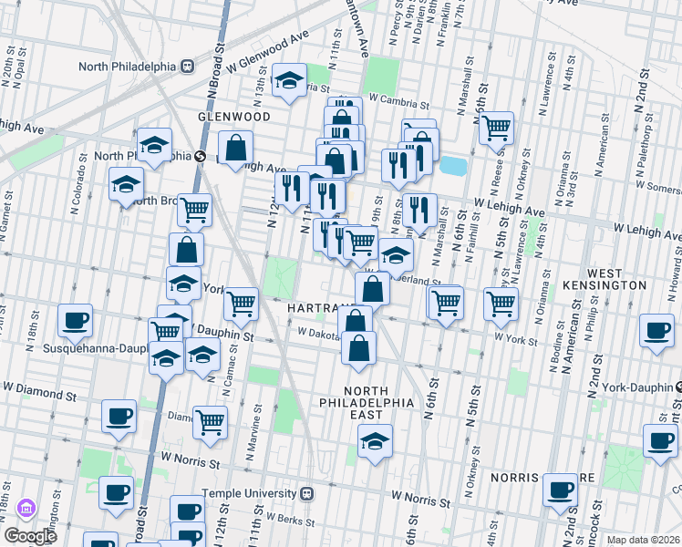 map of restaurants, bars, coffee shops, grocery stores, and more near 2452 North 10th Street in Philadelphia