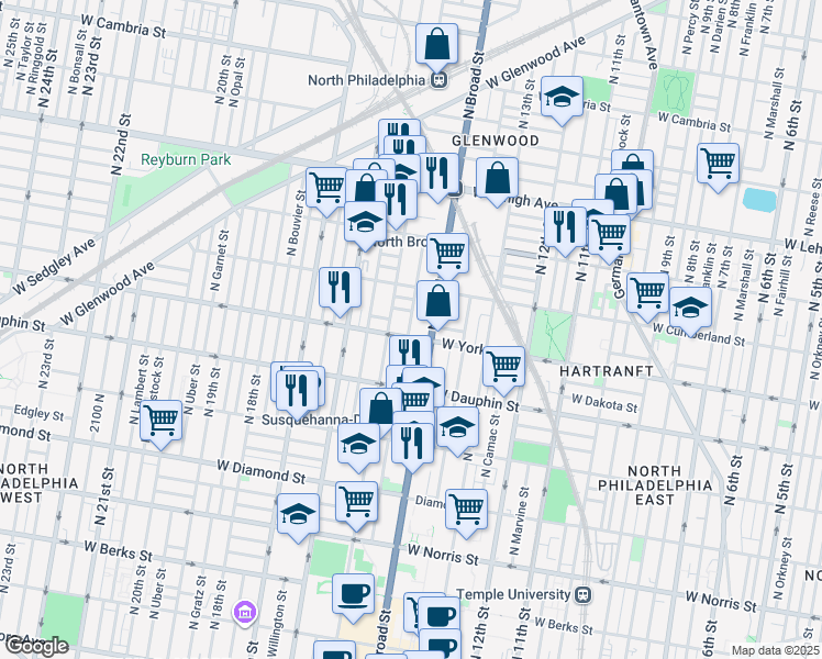 map of restaurants, bars, coffee shops, grocery stores, and more near 2415 North Carlisle Street in Philadelphia