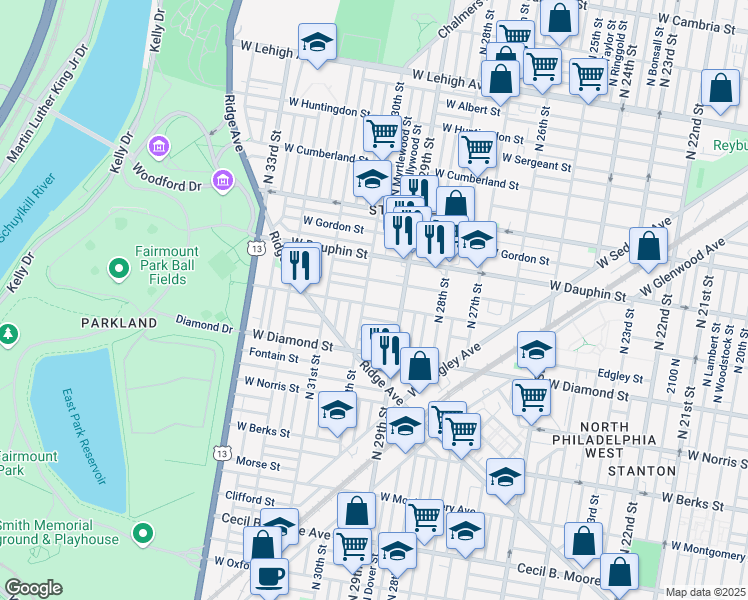 map of restaurants, bars, coffee shops, grocery stores, and more near 2215 North 30th Street in Philadelphia