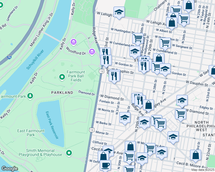 map of restaurants, bars, coffee shops, grocery stores, and more near 3224 West Susquehanna Avenue in Philadelphia