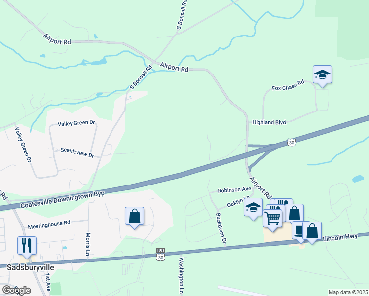 map of restaurants, bars, coffee shops, grocery stores, and more near 145 Highland Avenue in Coatesville
