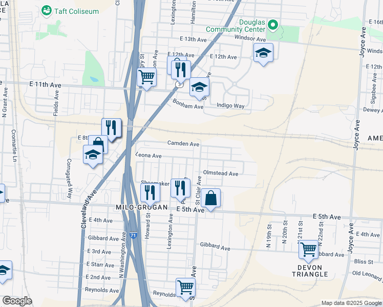 map of restaurants, bars, coffee shops, grocery stores, and more near 951 Camden Avenue in Columbus