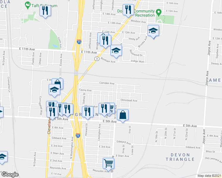 map of restaurants, bars, coffee shops, grocery stores, and more near 951 Camden Avenue in Columbus