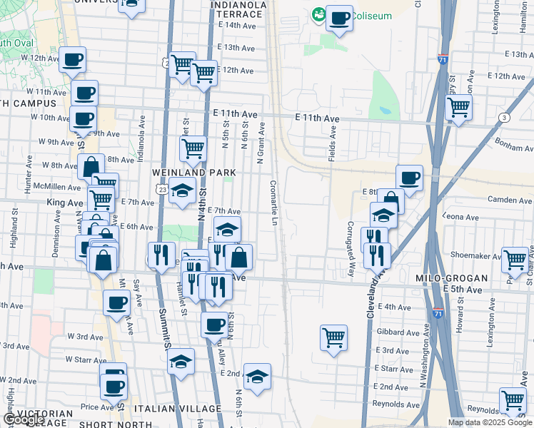 map of restaurants, bars, coffee shops, grocery stores, and more near 1293 Cromartie Lane in Columbus