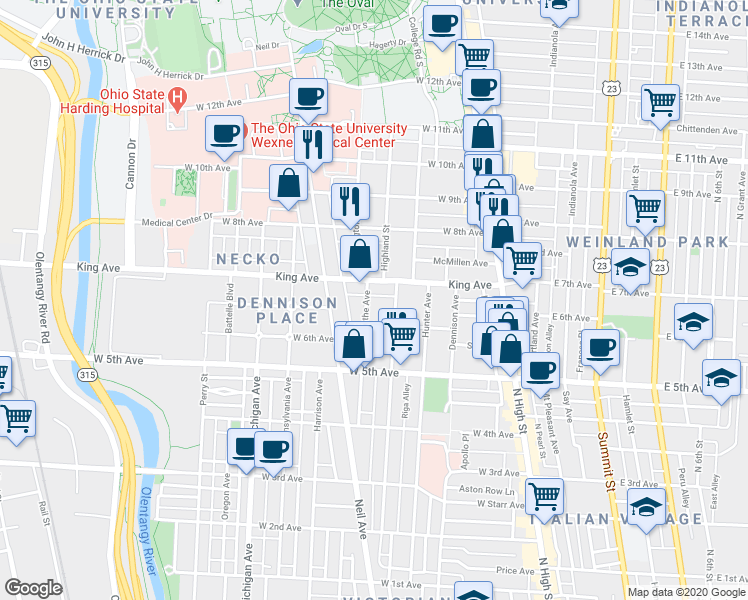 map of restaurants, bars, coffee shops, grocery stores, and more near 191 King Avenue in Columbus