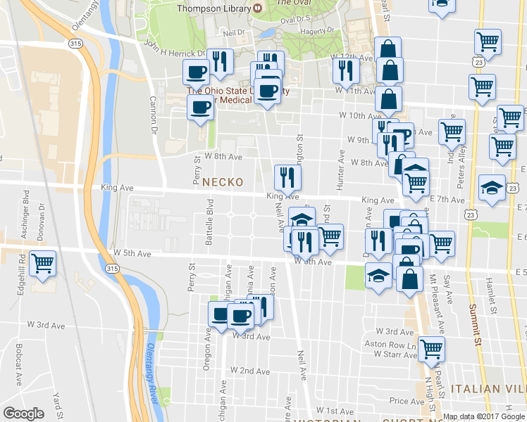 map of restaurants, bars, coffee shops, grocery stores, and more near 316 West 7th Avenue in Columbus