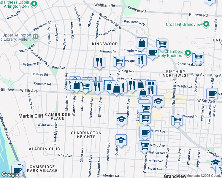map of restaurants, bars, coffee shops, grocery stores, and more near 1611 Ashland Avenue in Columbus