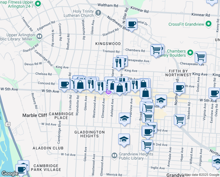 map of restaurants, bars, coffee shops, grocery stores, and more near 1611 Ashland Avenue in Columbus