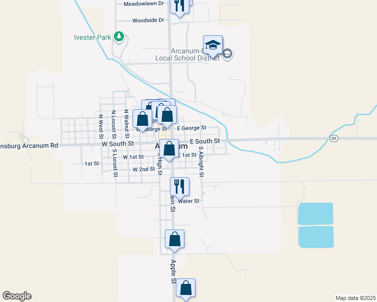 map of restaurants, bars, coffee shops, grocery stores, and more near 5 South East Street in Arcanum