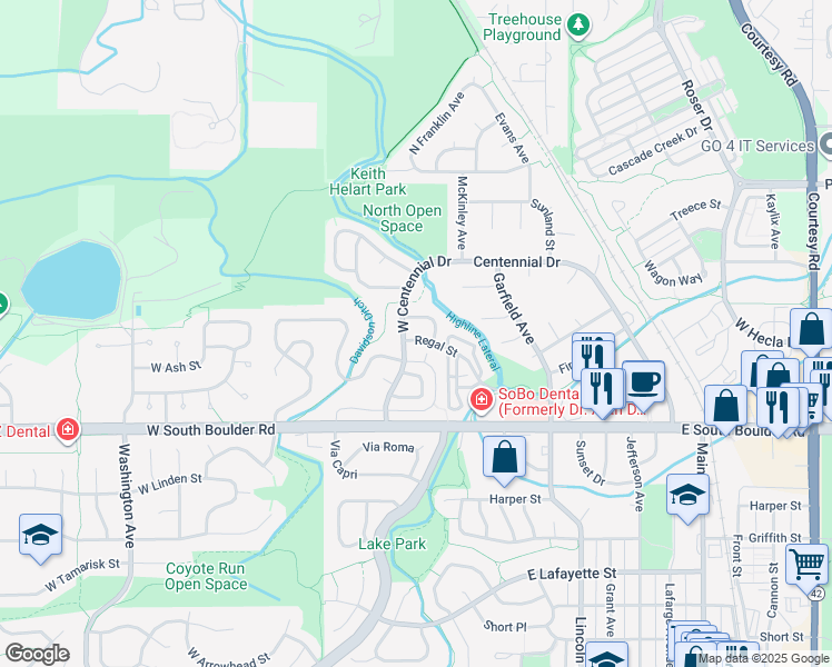 map of restaurants, bars, coffee shops, grocery stores, and more near 202 West Cedar Way in Louisville