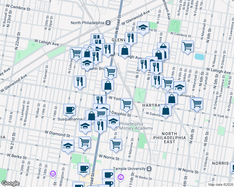 map of restaurants, bars, coffee shops, grocery stores, and more near 2416 North Park Avenue in Philadelphia