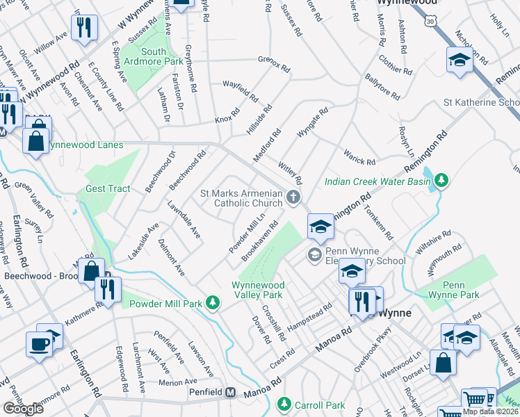 map of restaurants, bars, coffee shops, grocery stores, and more near 454 Rock Glen Drive in Penn Wynne