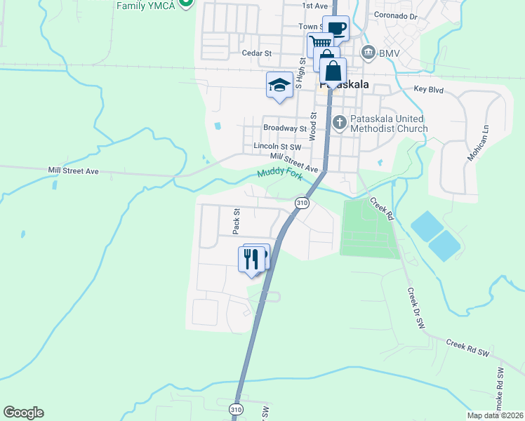 map of restaurants, bars, coffee shops, grocery stores, and more near 340 Pataskala Ridge Drive Southwest in Pataskala