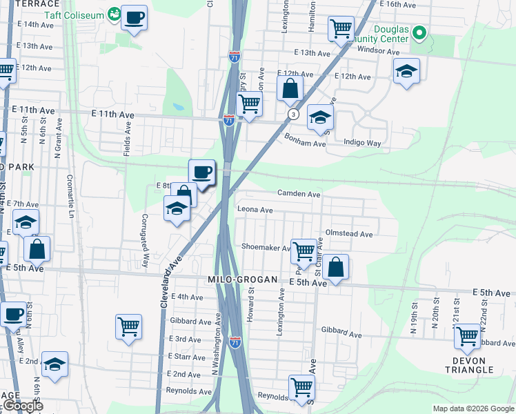 map of restaurants, bars, coffee shops, grocery stores, and more near 842 Leona Avenue in Columbus