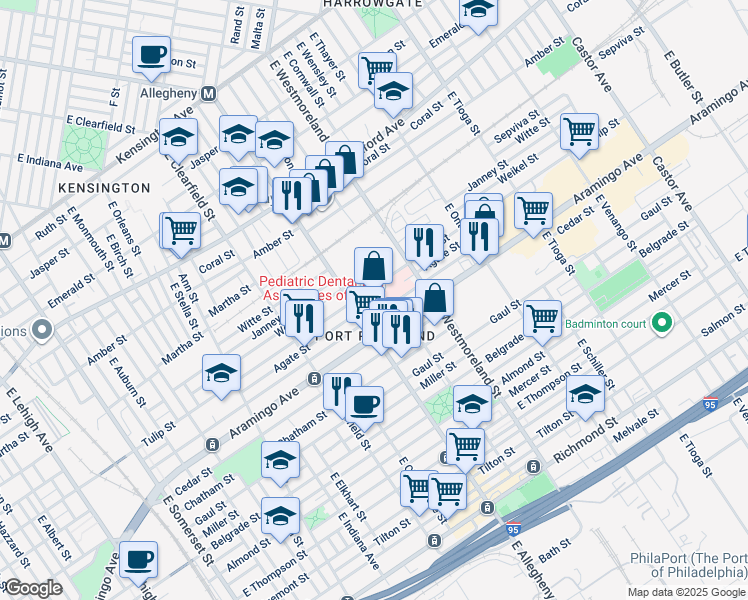map of restaurants, bars, coffee shops, grocery stores, and more near 2301 East Allegheny Avenue in Philadelphia