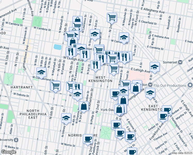 map of restaurants, bars, coffee shops, grocery stores, and more near 225 West Hazzard Street in Philadelphia