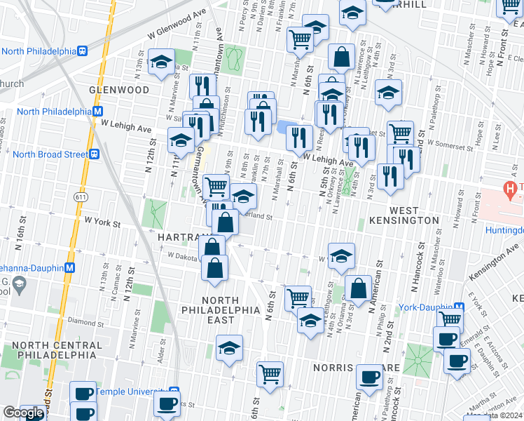 map of restaurants, bars, coffee shops, grocery stores, and more near 2501 North 7th Street in Philadelphia