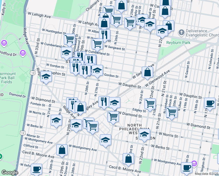 map of restaurants, bars, coffee shops, grocery stores, and more near 2533 West Fletcher Street in Philadelphia
