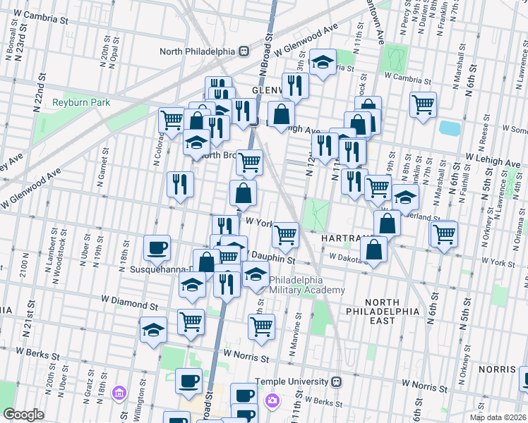 map of restaurants, bars, coffee shops, grocery stores, and more near 2416 North Park Avenue in Philadelphia
