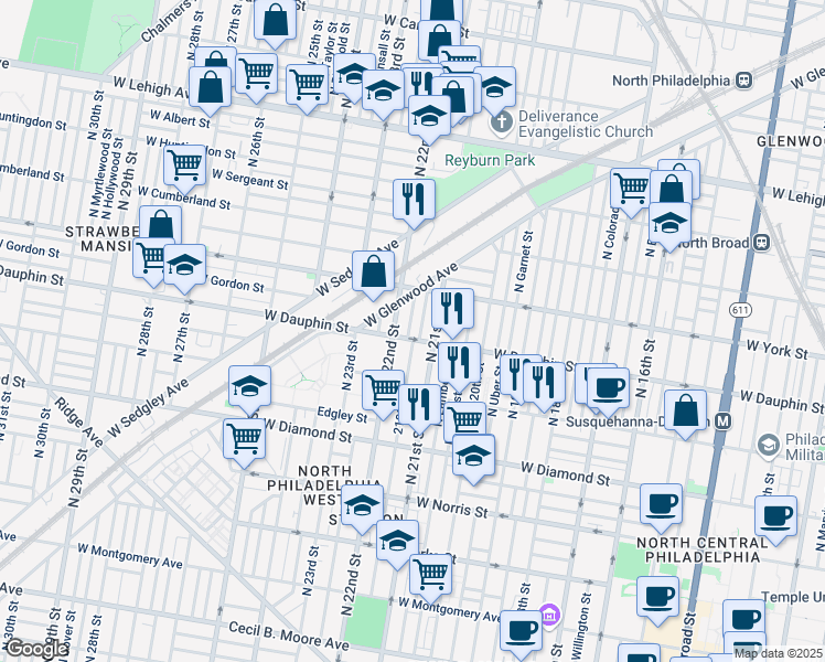 map of restaurants, bars, coffee shops, grocery stores, and more near 2311 North Beechwood Street in Philadelphia