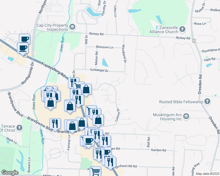 map of restaurants, bars, coffee shops, grocery stores, and more near 1965 Muirwood Drive in Zanesville