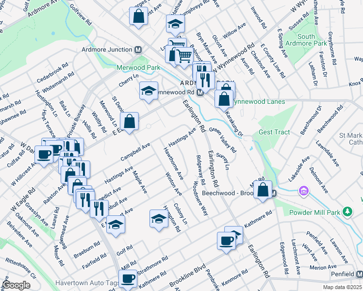 map of restaurants, bars, coffee shops, grocery stores, and more near 1745 Academy Lane in Havertown