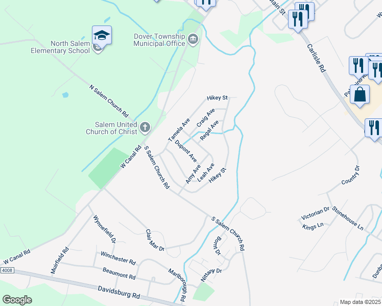 map of restaurants, bars, coffee shops, grocery stores, and more near 4775 Hikey Street in Dover