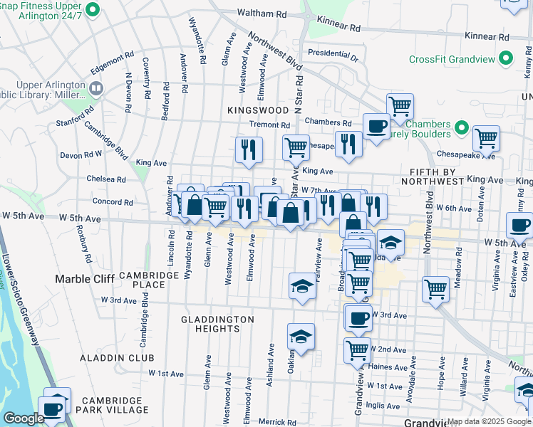 map of restaurants, bars, coffee shops, grocery stores, and more near 1611 Ashland Avenue in Columbus