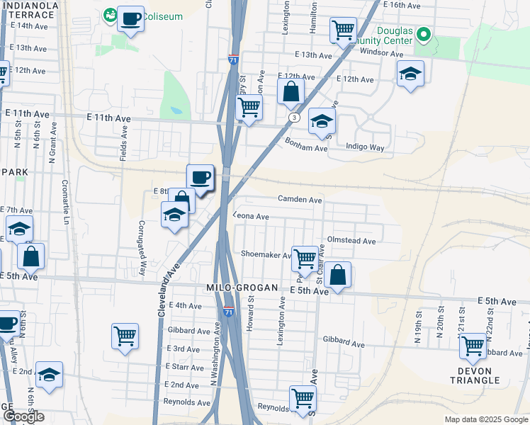 map of restaurants, bars, coffee shops, grocery stores, and more near 842 Leona Avenue in Columbus