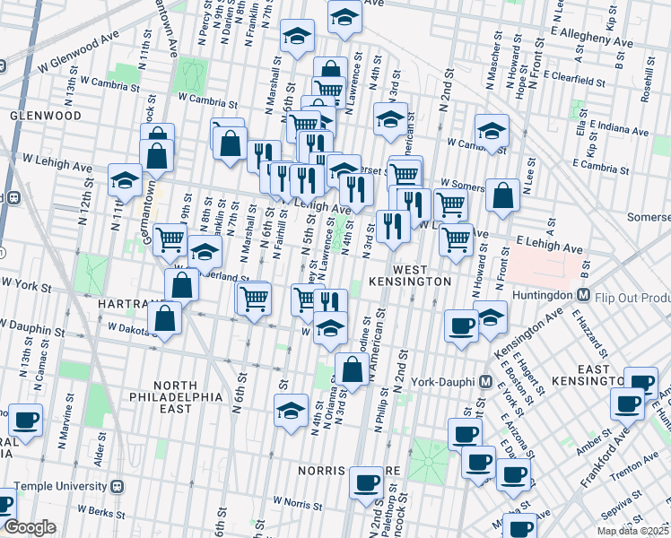 map of restaurants, bars, coffee shops, grocery stores, and more near 2547 North Leithgow Street in Philadelphia