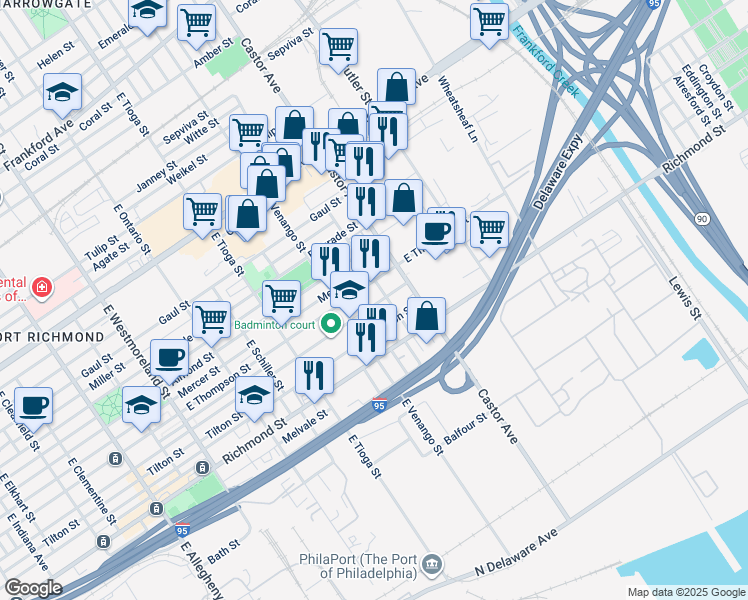 map of restaurants, bars, coffee shops, grocery stores, and more near 3644 Edgemont Street in Philadelphia