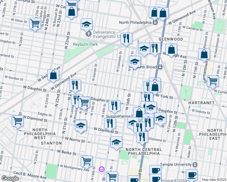 map of restaurants, bars, coffee shops, grocery stores, and more near 2356 North Colorado Street in Philadelphia