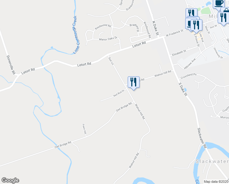 map of restaurants, bars, coffee shops, grocery stores, and more near 24 Red Bud Drive in Millersville