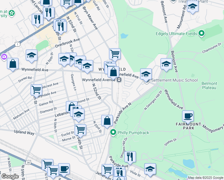 map of restaurants, bars, coffee shops, grocery stores, and more near 5000 Gainor Road in Philadelphia