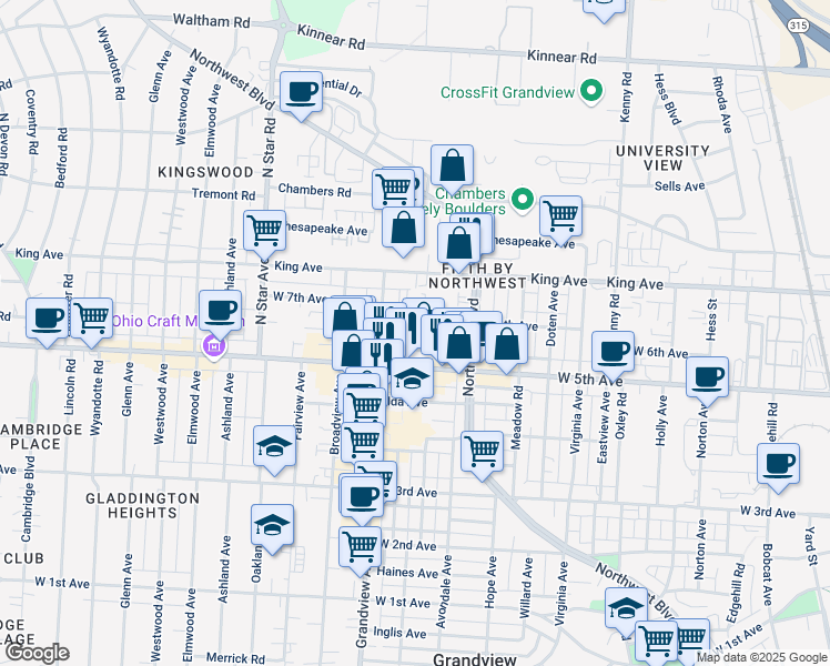 map of restaurants, bars, coffee shops, grocery stores, and more near 1362 West 6th Avenue in Columbus