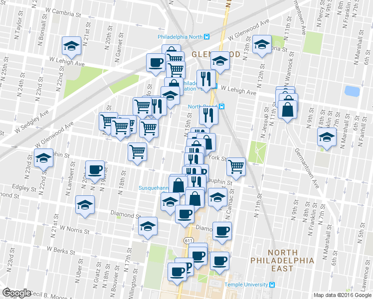 map of restaurants, bars, coffee shops, grocery stores, and more near 2407 North 15th Street in Philadelphia