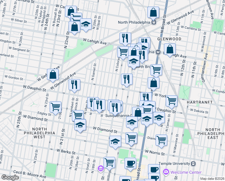 map of restaurants, bars, coffee shops, grocery stores, and more near 2400 North 17th Street in Philadelphia